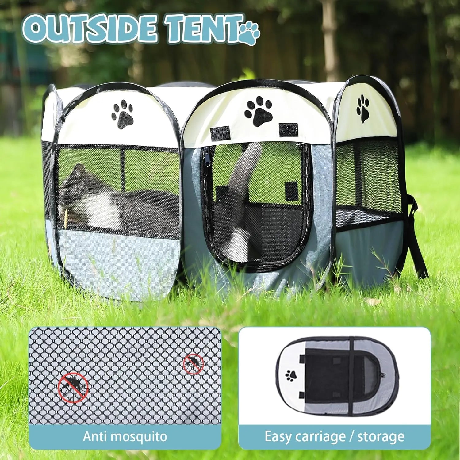 Portable Indoor/Outdoor Pet Playpen for Dogs, Cats & Rabbits - Removable Zipper Top, Grey, with Carrying Case
