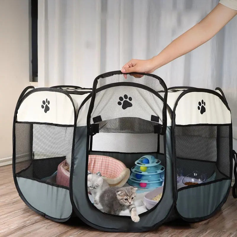 Portable Indoor/Outdoor Pet Playpen for Dogs, Cats & Rabbits - Removable Zipper Top, Grey, with Carrying Case
