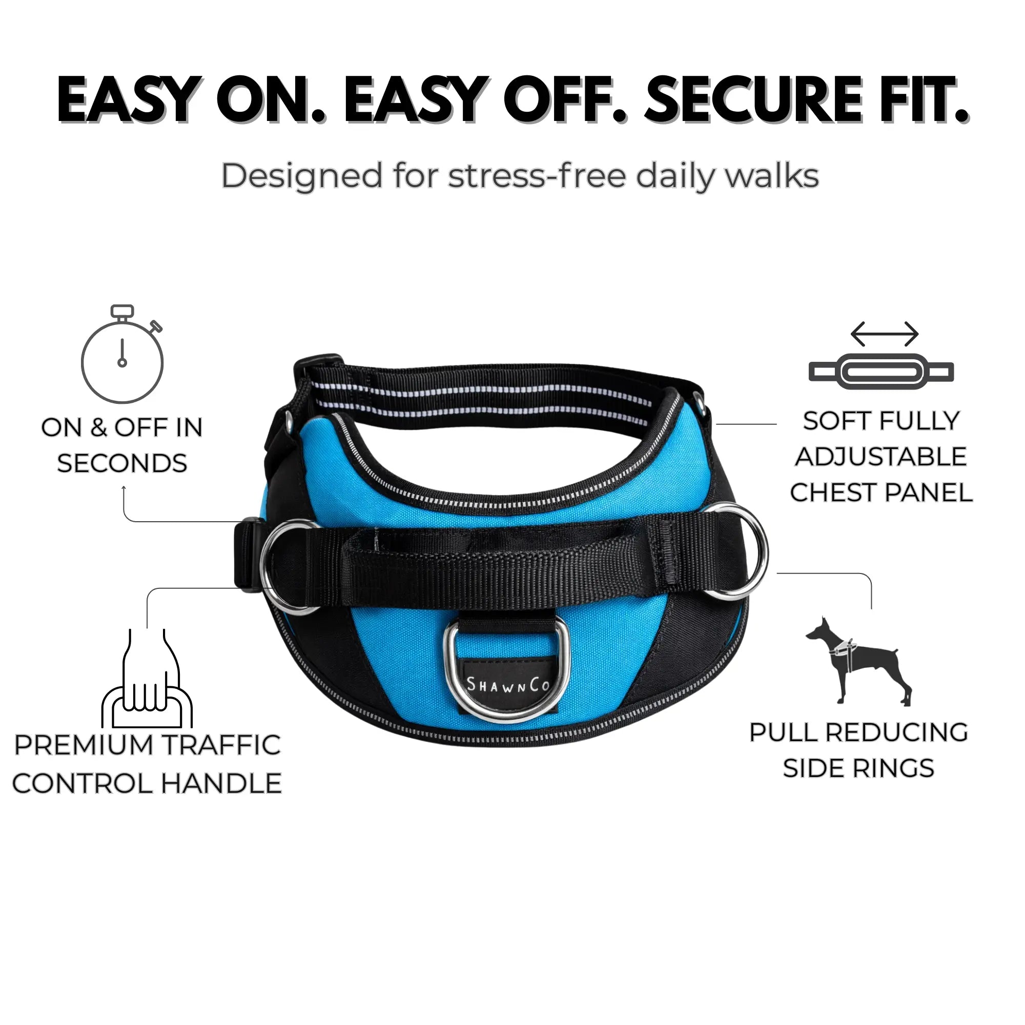 Shawnco Essential Dog Harness - Reflective, Adjustable & Padded Vest with 3 Leash Clips for Comfortable Walks and Training (Fits Small to Large Dogs)