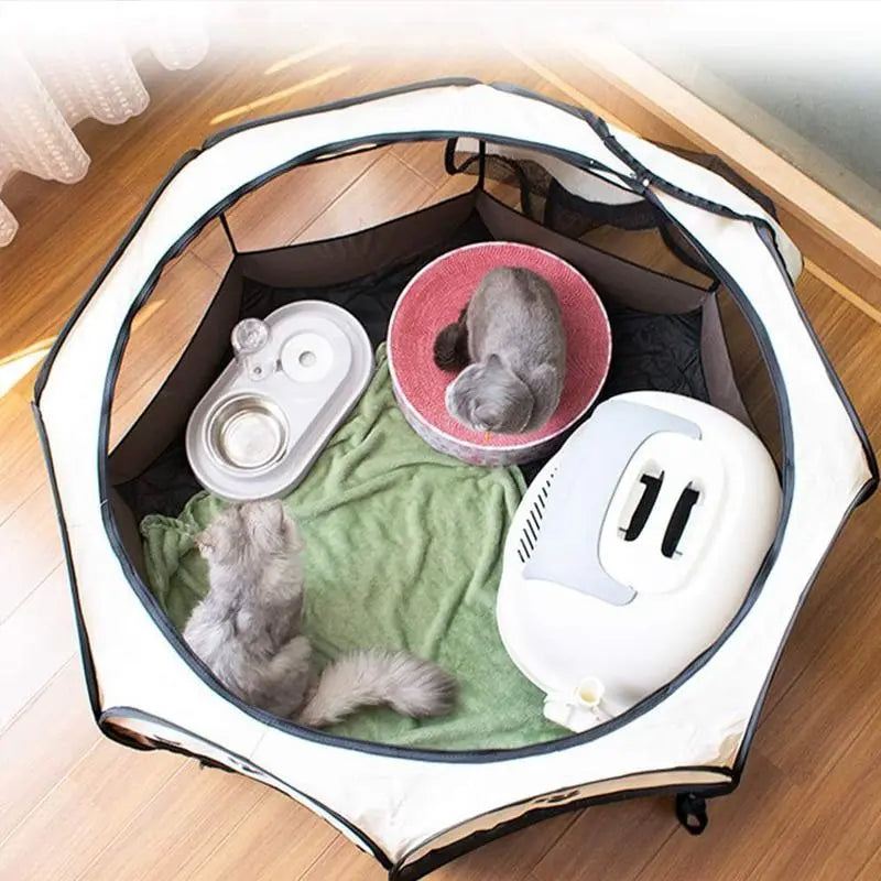 Portable Indoor/Outdoor Pet Playpen for Dogs, Cats & Rabbits - Removable Zipper Top, Grey, with Carrying Case