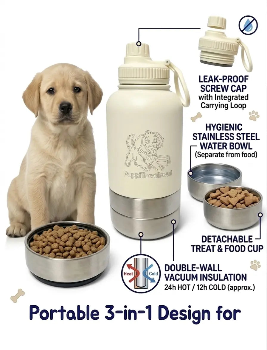 Dog Travel Water & Food Bottle – 3-In-1 Leak Proof Pet Thermos for Dogs