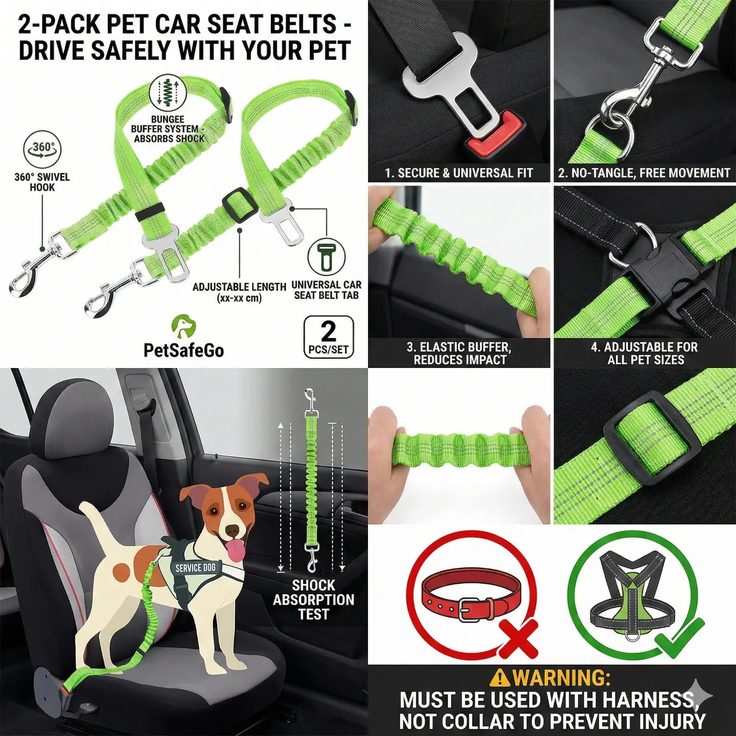 2-Pack Pet Dog & Cat Seat Belts for Cars, Adjustable Safety Leash/Harness Compatible with Vehicle Headrests