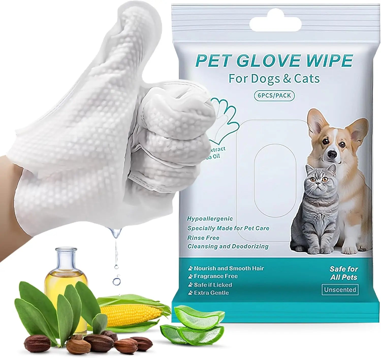 Effortless Pet Grooming: Moisturizing Gloves and Wipes for Dogs and Cats - Hypoallergenic, Rinse-Free Cleaning Solution (6 PCS)