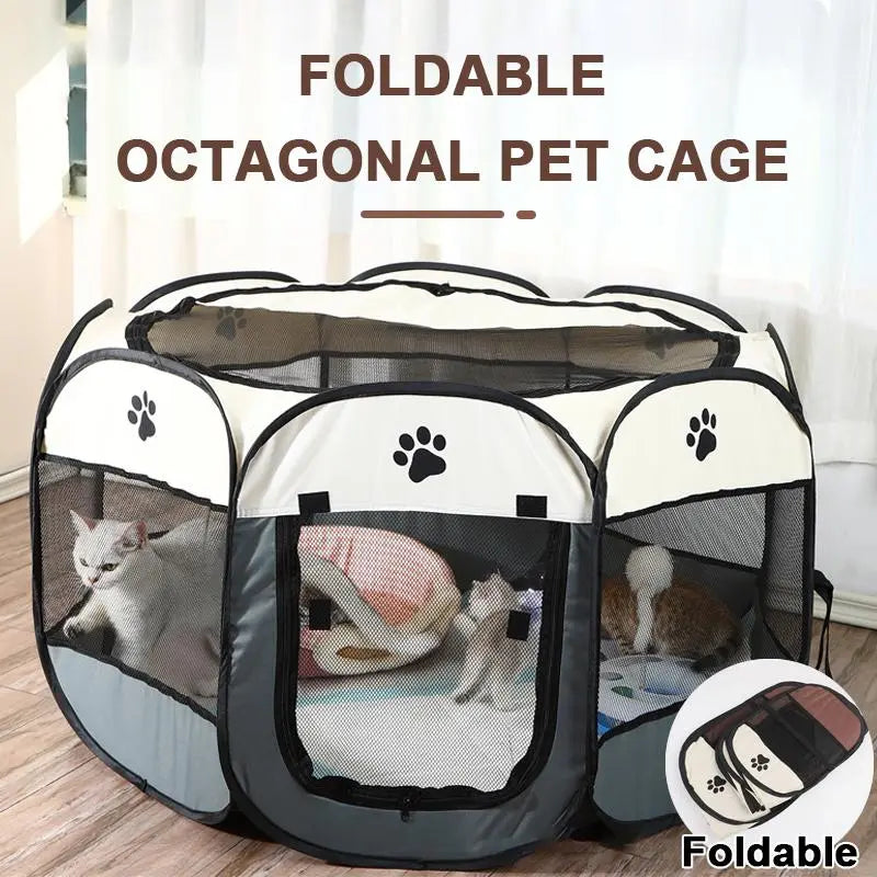Portable Indoor/Outdoor Pet Playpen for Dogs, Cats & Rabbits - Removable Zipper Top, Grey, with Carrying Case