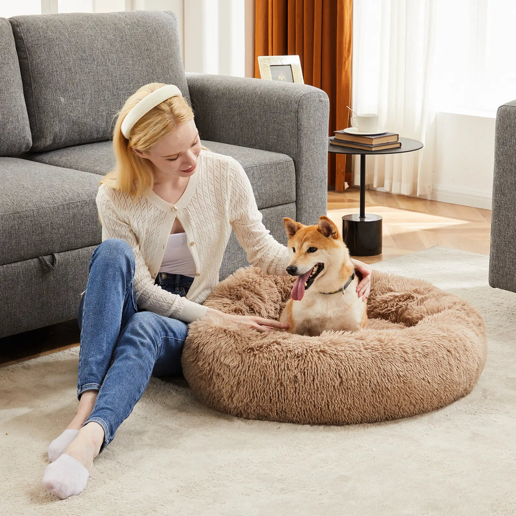 Indulge Your Pet with the Sweetcrispy Soothing Donut Bed | Cozy, Machine-Washable Comfort for Cats & Dogs | Plush Faux Fur & Non-Slip Base for Extra Safety