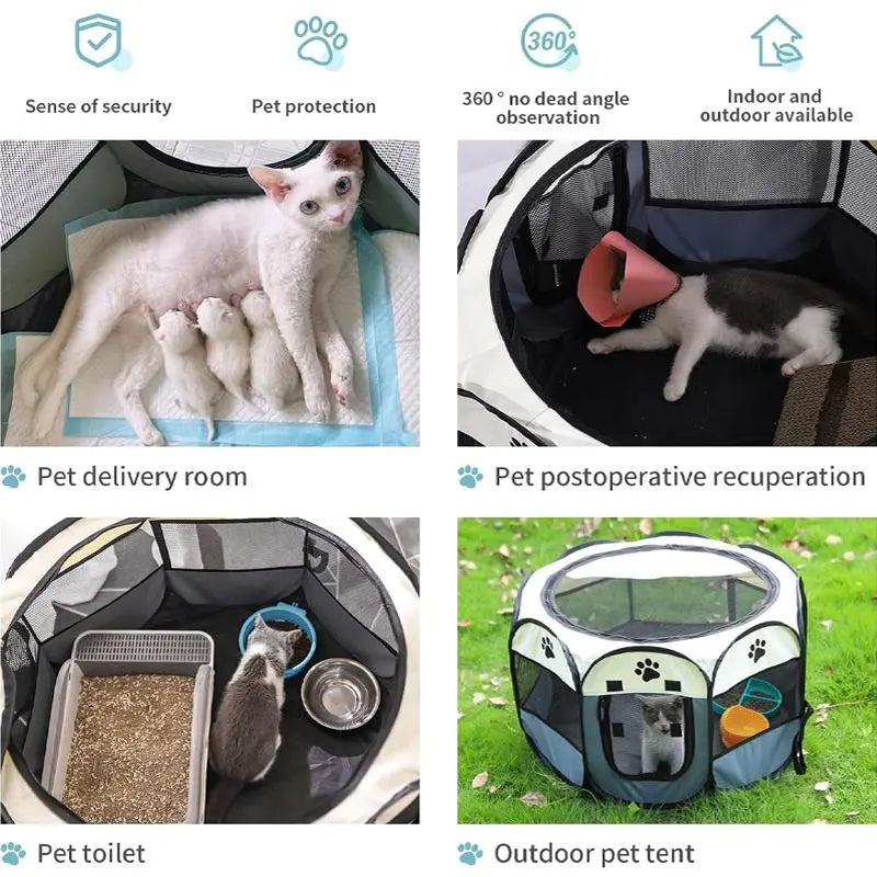 Portable Indoor/Outdoor Pet Playpen for Dogs, Cats & Rabbits - Removable Zipper Top, Grey, with Carrying Case