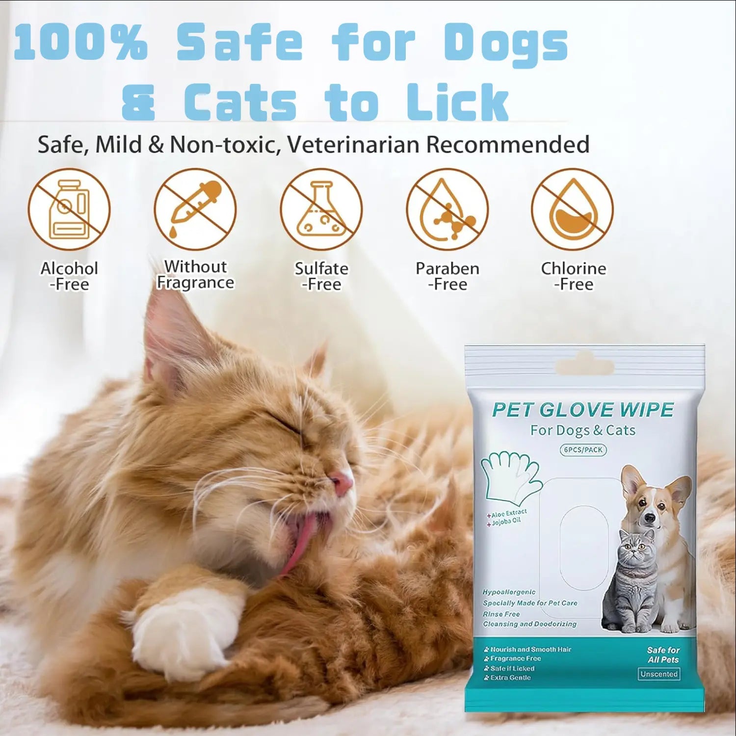Effortless Pet Grooming: Moisturizing Gloves and Wipes for Dogs and Cats - Hypoallergenic, Rinse-Free Cleaning Solution (6 PCS)